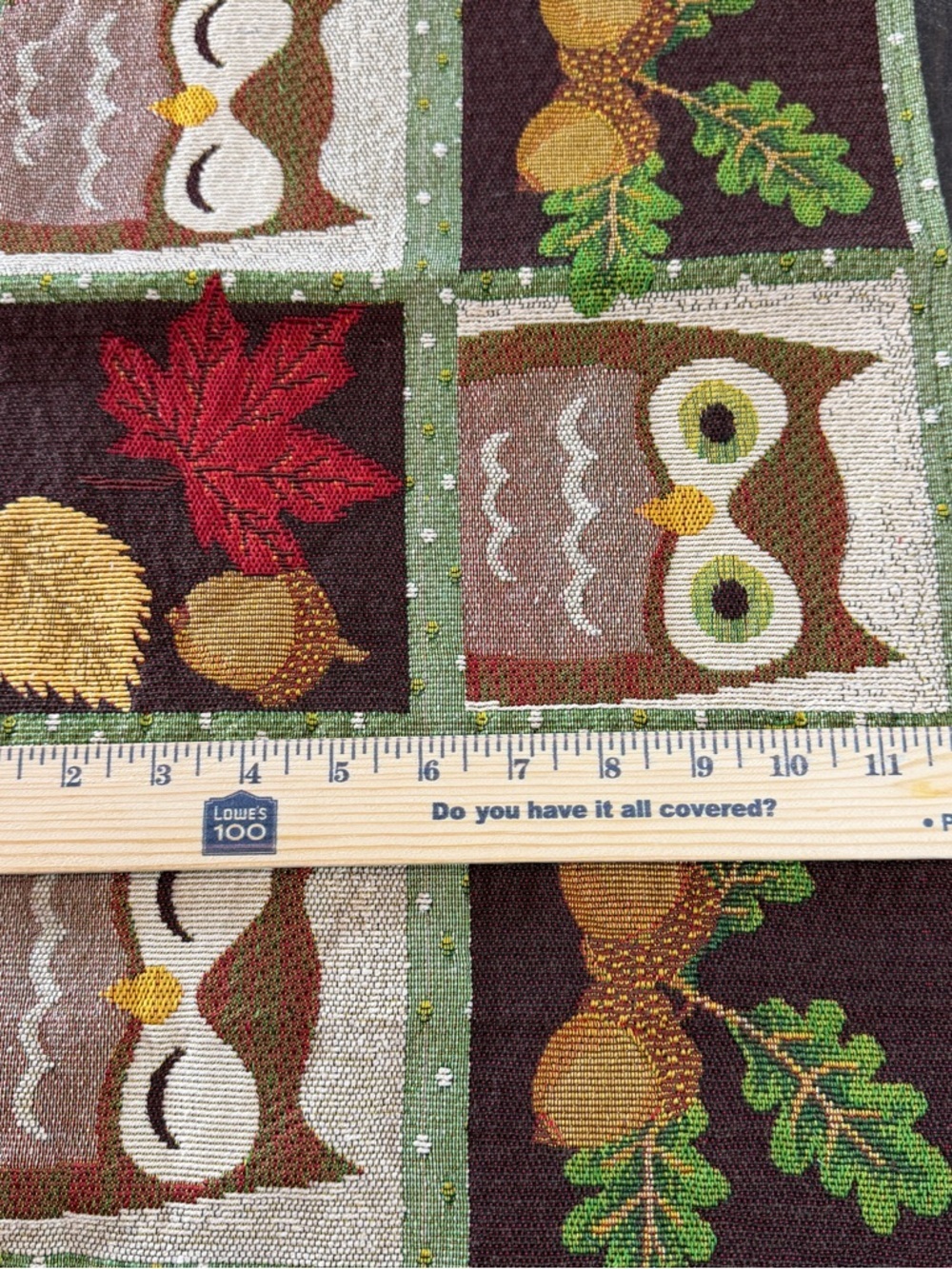 Fall Autumn Owl & Acorn Tapestry Table Runner - Green, Brown, Red - Picture 2 of 7